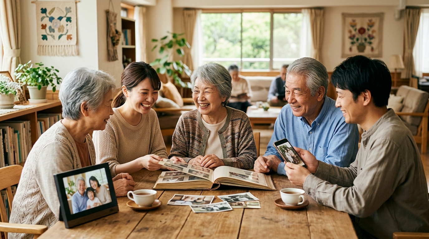 家族が写真を囲み、アルバムを開いて思い出を語り合う様子